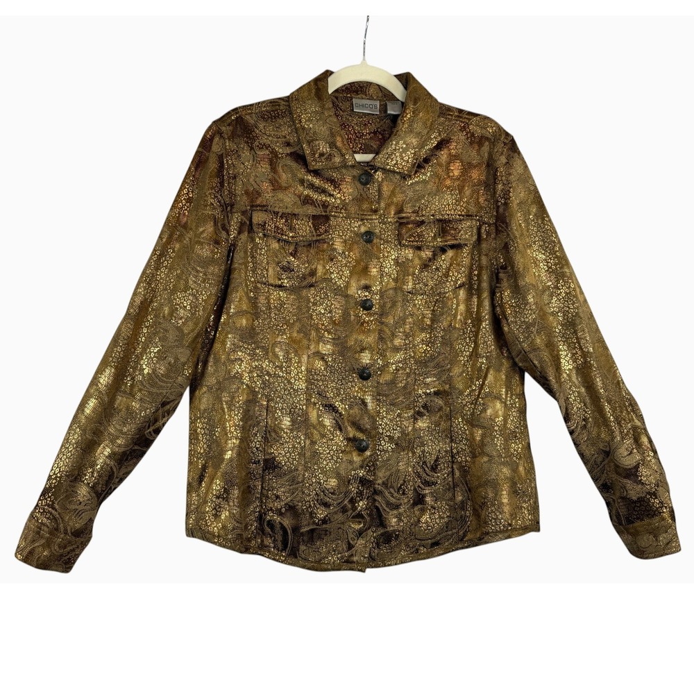 Chico's Size 2 Gold Metallic Paisley Jacquard Shacket Button Front Jacket Large
